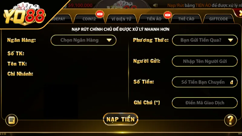 Nạp tiền yo88 qua ngân hàng